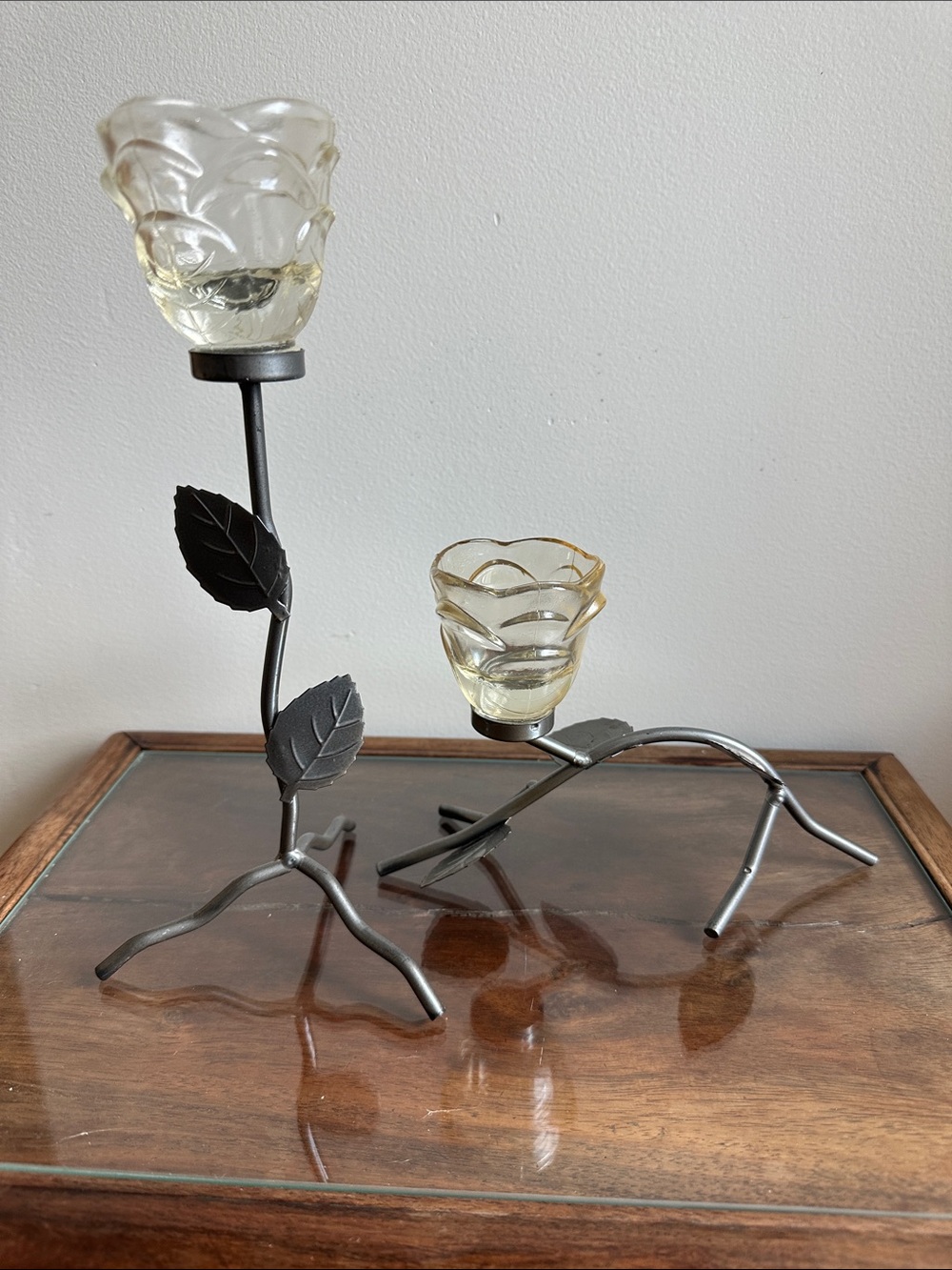 Vintage Glass Rose Tealight Holders with Leaf Accent